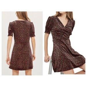 Topshop Black Red Bizzy Lizzy Floral Velvet Tea Mini Dress Puff Short Sleeves 2